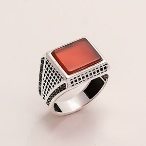 Natural Yemeni Red Aqeeq Onyx Ring 925 Sterling Silver Christmas Men's Jewelry A