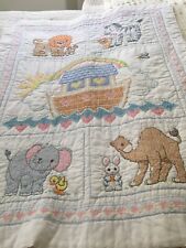 Handmade Cross Stitch Baby Quilt Blanket NOAHS ARK Animals Hearts Finished 38x30