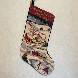Vtg Wool Needlepoint & Beaded Christmas Stocking “Home For The Holidays” 11"x18" - Picture 1 of 11