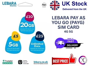 Lebara Pay As You Go SIM Card, Unlimited UK Calls & Texts, 4G 5G Fast Data, trio - Picture 1 of 11