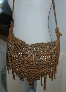 Vintage handmade leather handbag cognac brown beaded Fringe boho rocker large - Picture 1 of 14
