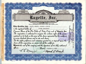 Certificado de stock Rayette Inc 1959 - Imagen 1 de 2