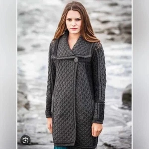 Aran Crafts Merino Wool Long Cardigan Coat cable Knit Ireland Grey Size Large - Picture 1 of 9