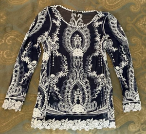 YouAreNotAlone Blue White Mesh Boho Embroidered Top Beach Cover Up Size S - Picture 1 of 13