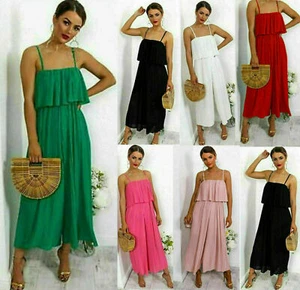 Ladies Womens Chiffon Frill Plus Size Crinkle Pleated Jumpsuit Culotte Dres 8 28 - Picture 1 of 7