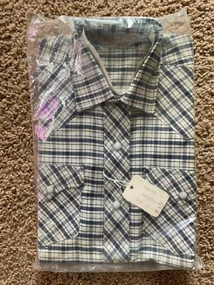 VTG 60S 70S BOYS KIDS 12 NEW H BAR C BLUE PLAID STRIPE WESTERN COWBOY SHIRT - Image 1 of 4