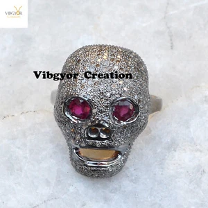 Pave Diamonds Skull Ring Ruby Eyes Unisex Ring 925 Solid Silver Halloween Gifts - Picture 1 of 5