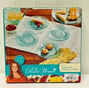 Pioneer Woman Cassie Appetizer Dessert Plates Teal Embossed Glass 4pk 6.35"dia - Picture 1 of 8
