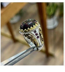 Natürlicher Schwarzopal Feuer Ring für Herren 925 Sterling Silber Schwarz Opal Geschenk Ring - Bild 1 von 5