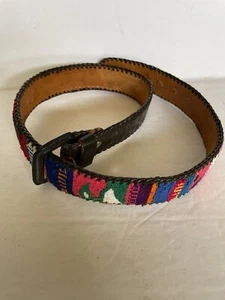 Colorful Southwest Tapestry & Tooled Leather Belt Hand Made in Guatemala Size 28 - Picture 1 of 3