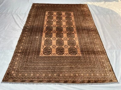 Alfombra turcomana afgana vintage 7x10 - Alfombra geométrica de lana descolorida de terracota Foto 1 de 4