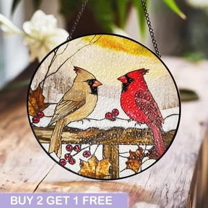 Arte de vidrieras de Winter Cardinals - cardenales femeninos y masculinos con bayas - Imagen 1 de 4