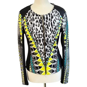 Bebe Athletic Jacket Sz Med Geo Leopard Print Warm Up - Picture 1 of 10