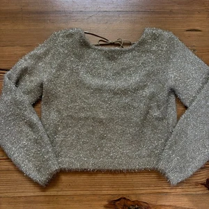 Anthropologie Beige Gold Threading Open Back Cropped Langarm Pullover GR S - Bild 1 von 5