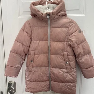 Michael Kors Girls Child Hooded Blush Pink Shiny-Sparkle Puffer Jacket Size 7/8 - Picture 1 of 16