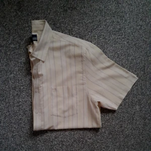 MENS STRIPED DRESS SHIRT - SHORT SLEEVES - SIZE L - YELLOW/GREY/WHITE - LINCOLN - Picture 1 of 11
