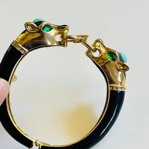 Carolee double panther cat enamel hinged clamper Bracelet Statement green eyes - Picture 1 of 7