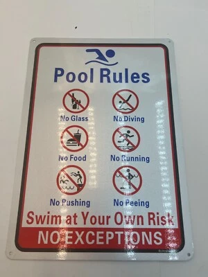 Amexiu Nadar a su propio riesgo Reglas de piscina Sin vidrio Sin buceo Sin comida Letrero de aluminio Foto 1 de 3