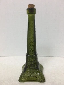 Olive Green Glass Eiffel Tower Bottle Figurine With Cork Stopper 6 1/2" H - Picture 1 of 5