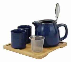 Navy Blue Contemporary Ceramic 20oz Tea Pot With 2 Cups And Bamboo Tray Set