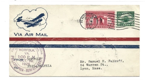 United States Scott C4, 627 First Flight cover Philadelphia - Norfolk 10/10/26 Cover