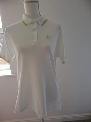 VTG FRED PERRY SPORTSWEAR WHITE, YELLOW&GREEN TRIM WOMENS S.SLEEVE POLO SHIRT L - Image 1 of 4