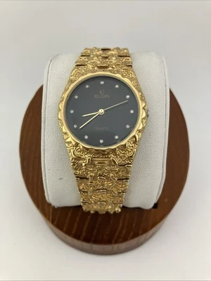 Vtg Elgin Ladies 34mm Watch Gold Tone Nugget Style Black Dial 7" fnd12-017- RUNS - Image 1 of 4