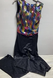 Liberts Dance Unitard Damen klein schwarz Regenbogen metallic Reißverschluss vorne ärmellos - Bild 1 von 5