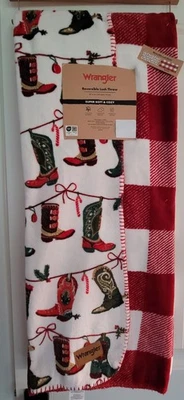 Reversible Wrangler Lush Christmas Throw Blanket Cowboy Boots & Ornaments - Image 1 of 4