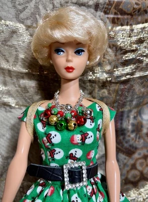 Barbie Beautifully Handmade Christmas Dress Green w/white snowmen (no doll) - Image 1 of 4