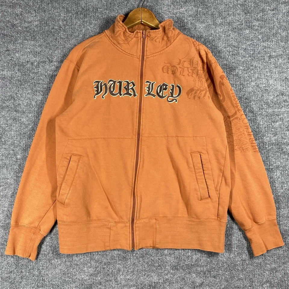 ВИНТАЖНЫЙ Y2K Hurley толстовка мужской размер средний оранжевый молнии AOP серфинга коньков - Изображение 1 из 4