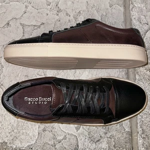 Mint Bacco Bucci Studio Black Brown Leather Sneakers Driving Shoes 9.5 Mens - Picture 1 of 11