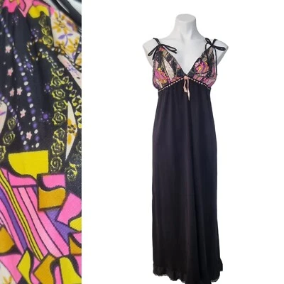 VTG 70s Avian Nightgown Maxi Slip Black Lingerie Groovy Hippie USA Nylon Sz M - Image 1 of 4
