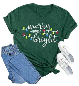 Christmas Shirts Womens Merry and Bright Shirt Xmas Holiday X-Large Green - Picture 1 of 7