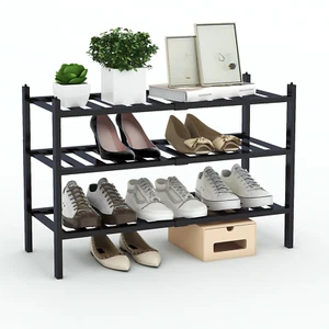 Bamboo Shoe Rack, Stackable, 3-Tier Shoe Storage, Black Shoe Rack Organizer... - Picture 1 of 11