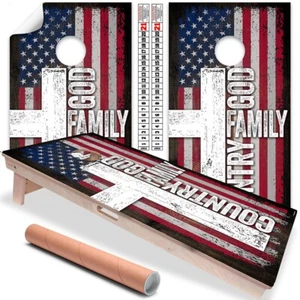 God Family Landhaus rustikaler Stil amerikanische Flagge Cornhole Wraps Cornhole Skins Wrap - Bild 1 von 7