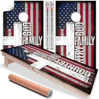 LONE STAR ART God Family Country Rustic Style American Flag Cornhole Wraps Cornhole Skins Wrap