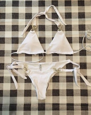 Women's 2 pcs. White Bikini With Shiny Rhinestone Bling - Size Small - Image 1 of 3