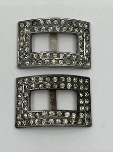 Vintage Estate Pair Silver Tone Sparkly Rhinestone Rectangular Shoe Buckles - Picture 1 of 5