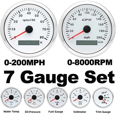 7 Gauge Set 85mm White GPS Speedometer 200MPH Tachometer 8000RPM Gauge for Boat - Image 1 of 4
