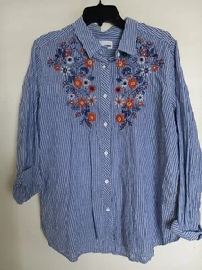 Sonoma blau weiß gestreiftes besticktes Langarmhemd mit Knopfleiste Größe PXL - Bild 1 von 4