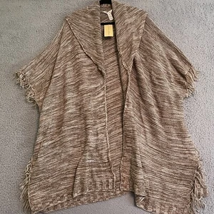 Linda Anderson Womens XXL Tan Marl Fringe Sweater Open Front Shawl NWT - Picture 1 of 8