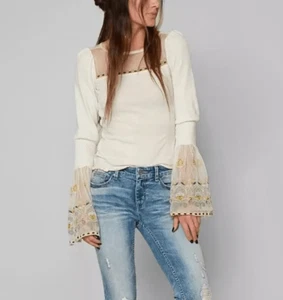 Free People Top Mesh Women Medium White Bell Sleeve Embroidered Bohemian Fairy - Picture 1 of 12