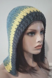 handmade crochet womans pixie hood hat scoodie yellow gray USA seller - Picture 1 of 3