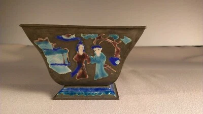 Антикварная китайская эмаль поверх меди синий с окрашенными фигурами - Изображение 1 из 4