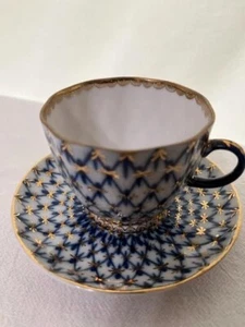 USSR Lomonosov Demitasse Blue Net pattern Teacup & Saucer - Picture 1 of 9