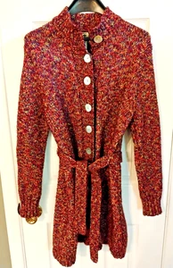 Caribbean Joe Women Med Burgundy Tunic Sweater Cardigan Belt Office Casual Cozy - Picture 1 of 23