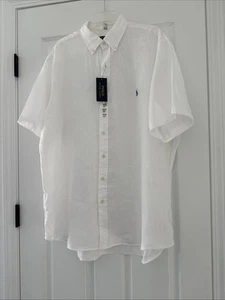 Polo Ralph Lauren Shirt Mens XLT White 100% Linen Short Sleeve Untucked Fit Pony - Picture 1 of 11