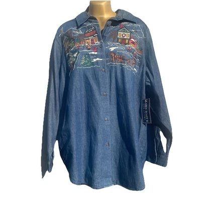 NWT Karen Scott II Women’s 1X Denim Shirt Christmas Embroidered - Image 1 of 4