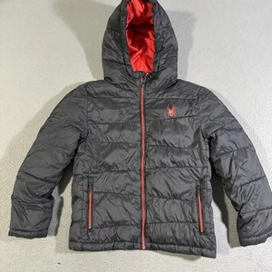 Spyder Frontier Hooded Puffer Jacket Youth Boys S 7/8 Black /Orange - Picture 1 of 5